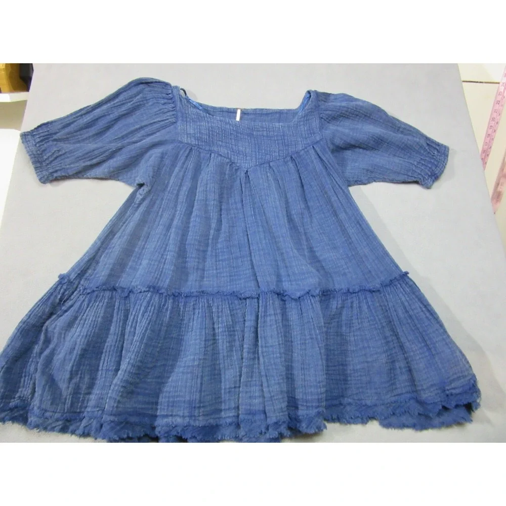 Free People Dress Womens XS Blue Peasant Mini Square Neck Puff Sleeve Frayed Hem